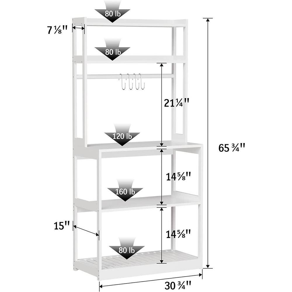 Bamboo Microwave Stand, Bakers Racks for Kitchens with Storage Shelves, 5-Tier Kitchen Stand with 4-Hooks