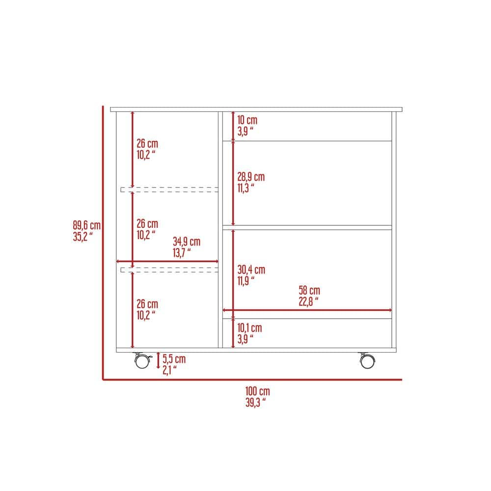 Kitchen Cart Kamizaze, 2-Storage Shelves, 4-Casters, 3-Side Shelves