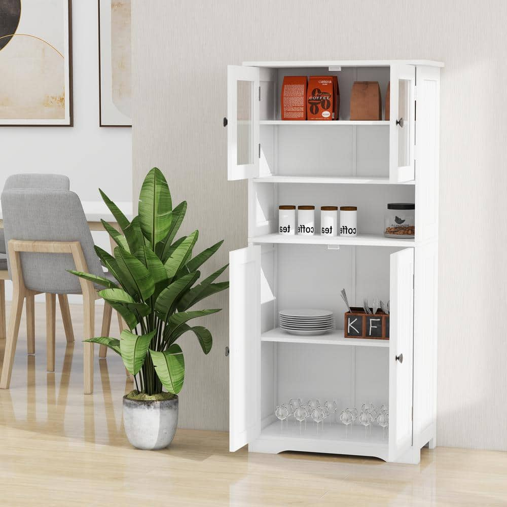 Tall Storage Cabinet with GlassDoors and Adjustable Shelves for Kitchen and Bathroom Freestanding Cabinet with OpenShelf