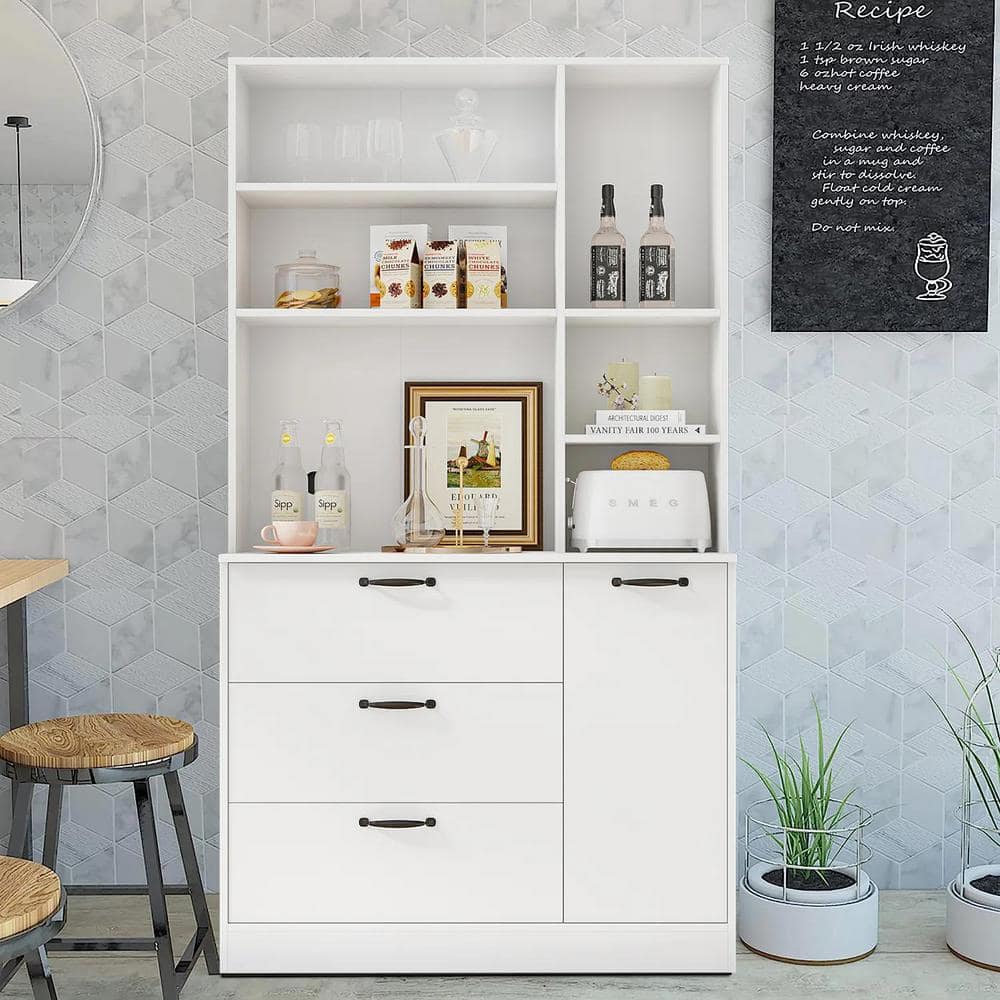 White Large Wood Pantry Organizer with Roll-Out 3-Drawers and Open Shelves Freestanding Kitchen Cupboard Buffet Cabinet