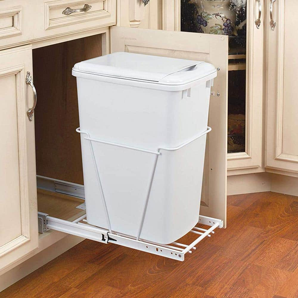 White Single Pull Out 35 Qt. Sliding Trash Can for Kitchen Cabinet