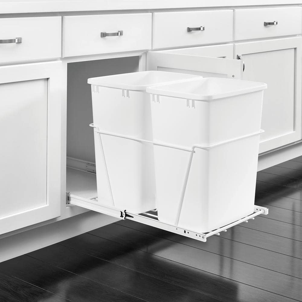 White Double Pull Out Kitchen Cabinet 27 qt. Trash Can