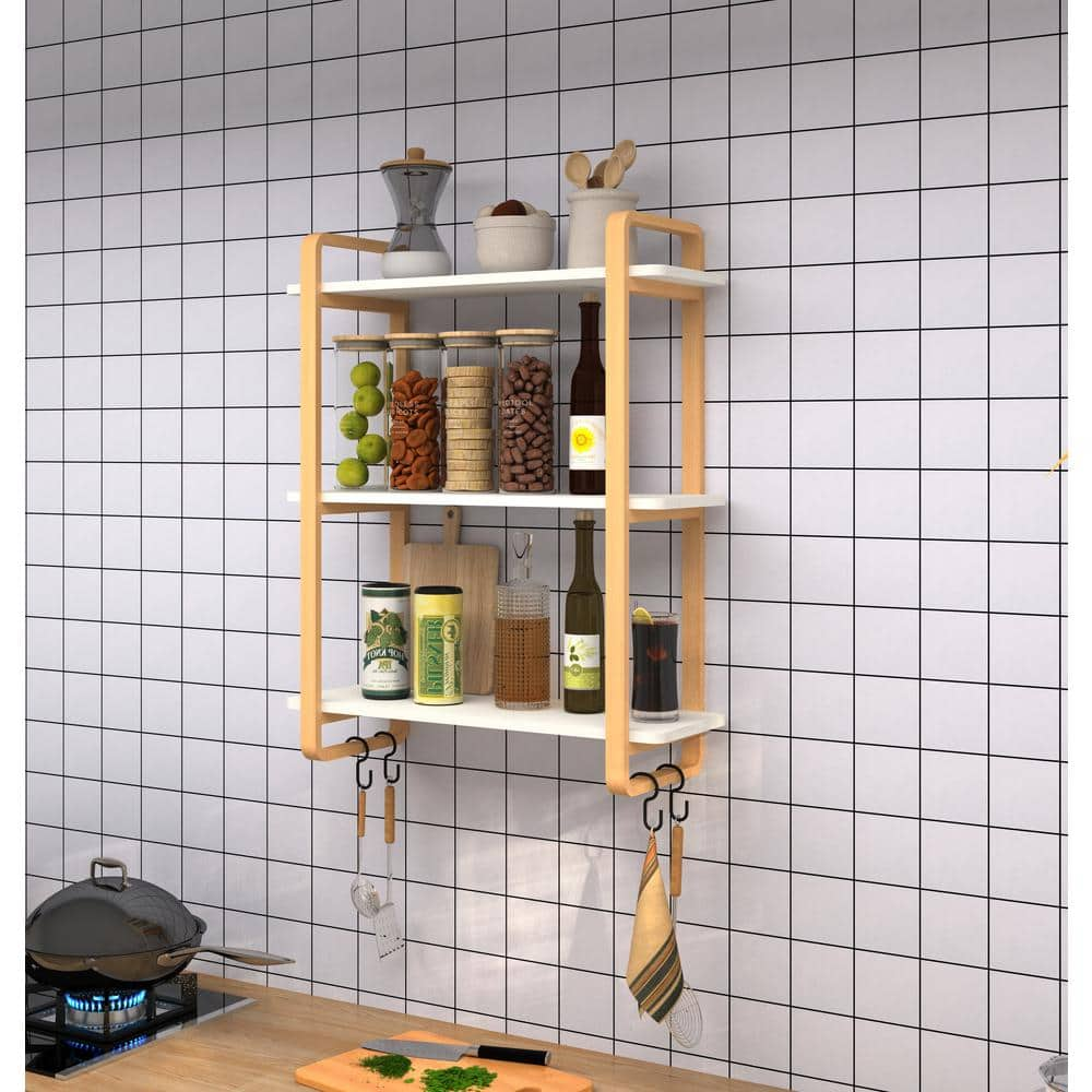 3-tiers Wood Shelf, Wall Mount Open Shelf Furniture with Solid Wood Frame