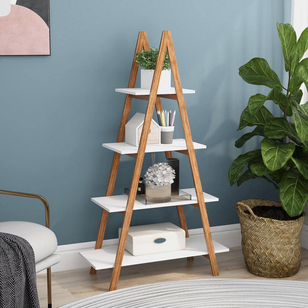 White Solid Bamboo Wood Oxford “A” Frame Ladder Display Shelf