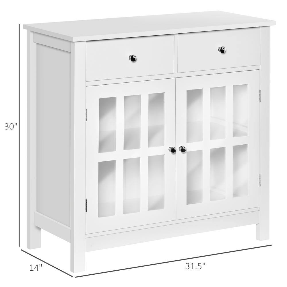 White Sideboard Buffet Cabinet, Kitchen Cabinet with 2-Drawers and Glass Doors