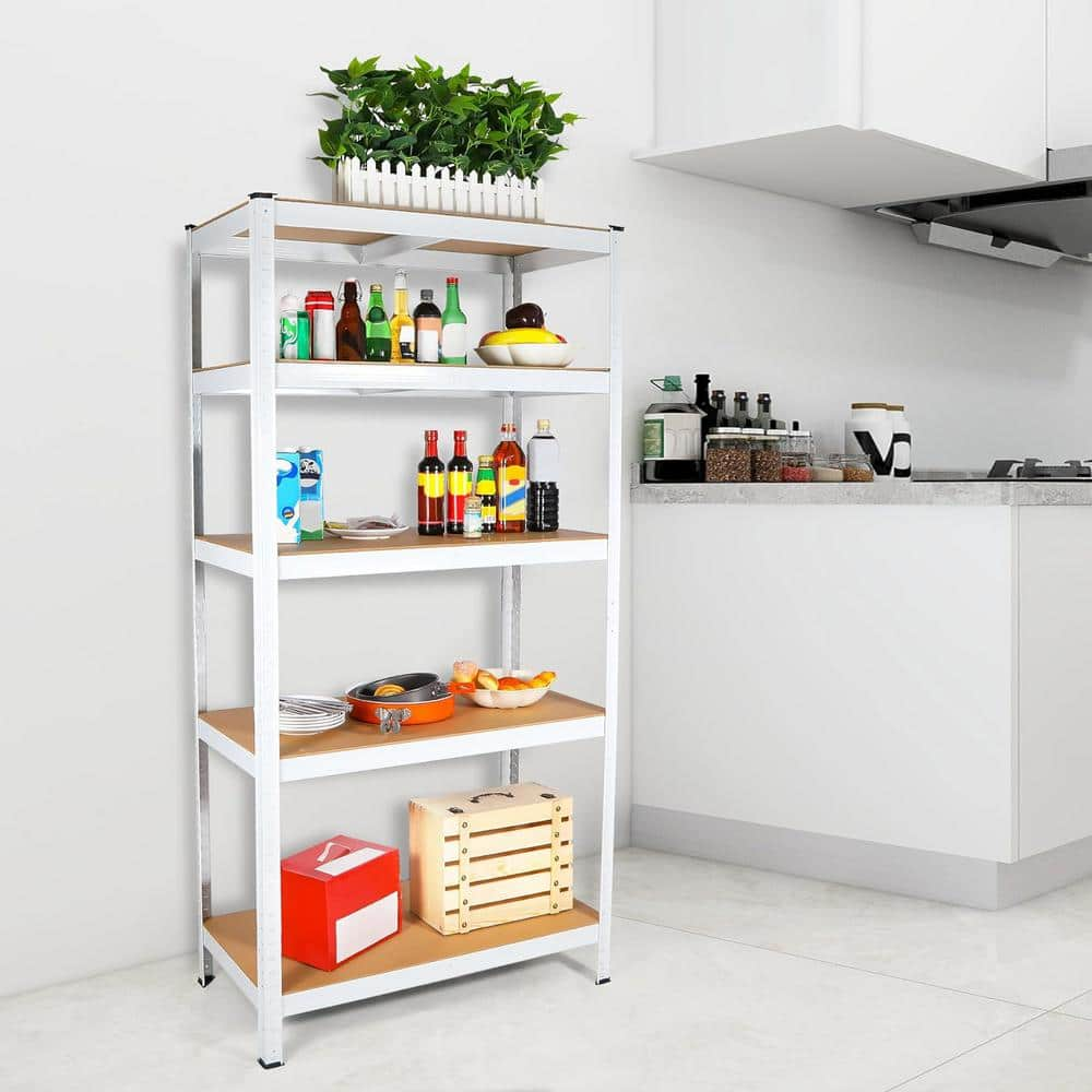 5-Shelf Metal Pantry Organizer with Adjustable Height, Multipurpose Kitchen Storage Utility Rack-White