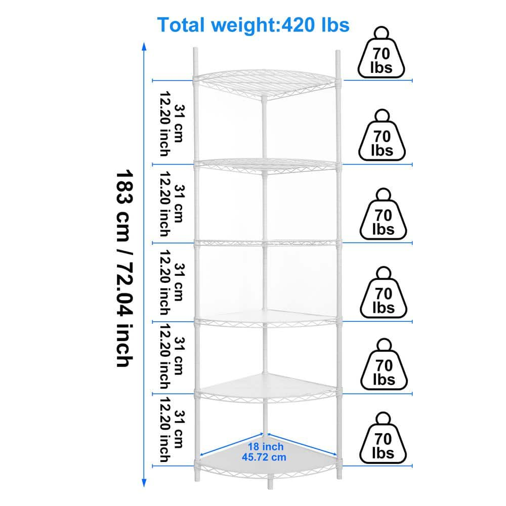 6 Tier Corner Wire Shelf Rack, Adjustable Metal Heavy Duty Free Standing for Bathroom, Living Room, Kitchen-White