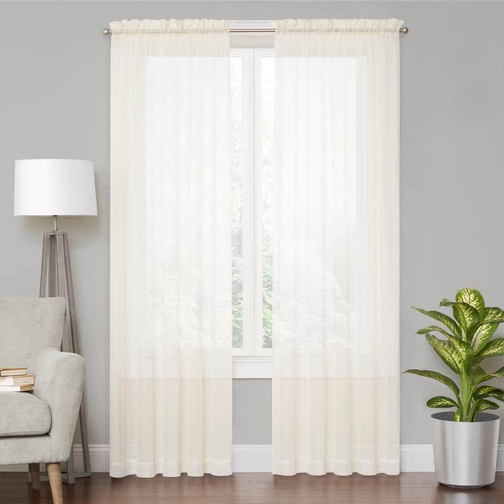 Voile Ivory Solid Polyester 59 in. W x 84 in. L Sheer Single Rod Pocket Curtain Panel