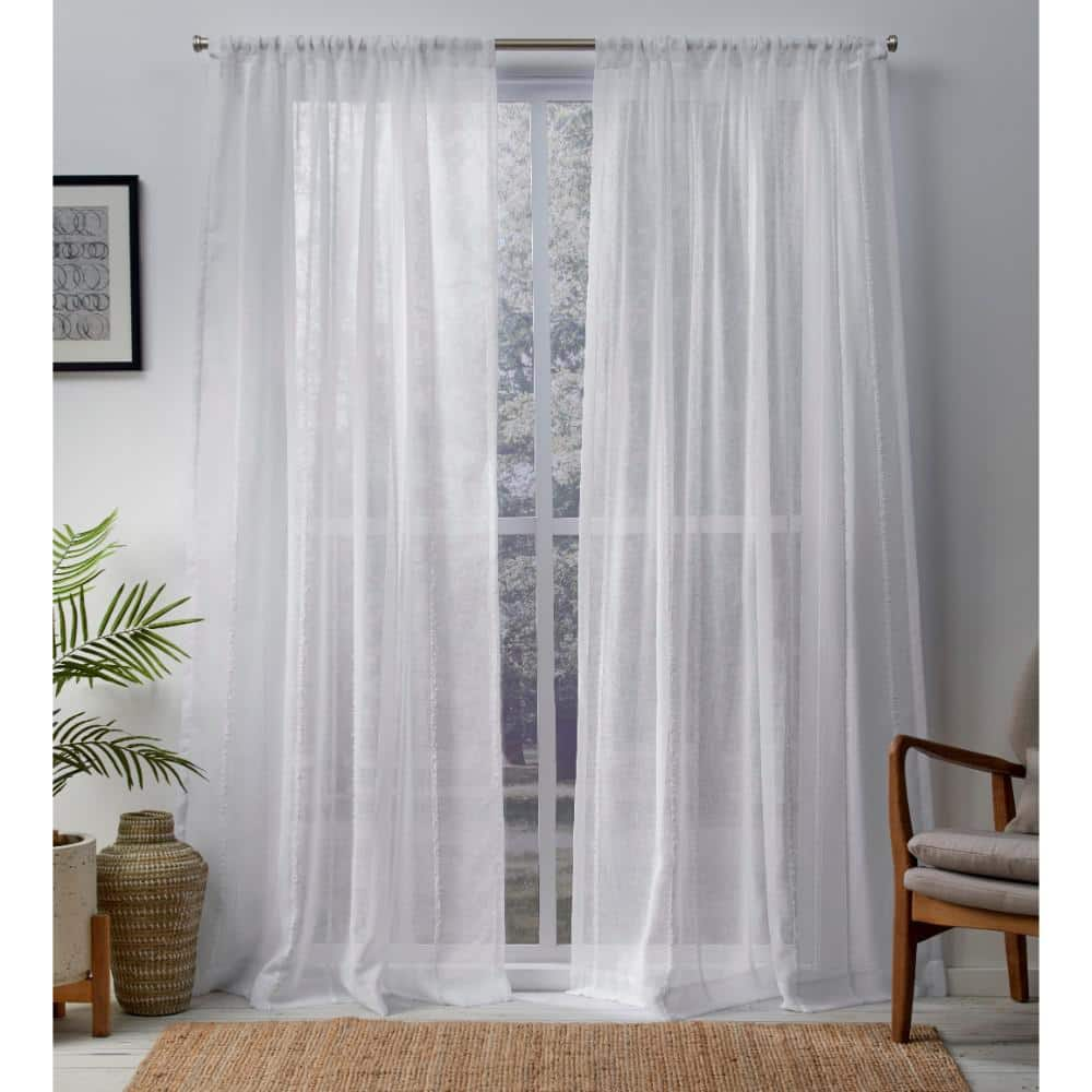 Santos Winter White Stripe Sheer Rod Pocket Curtain, 54 in. W x 96 in. L (Set of 2)