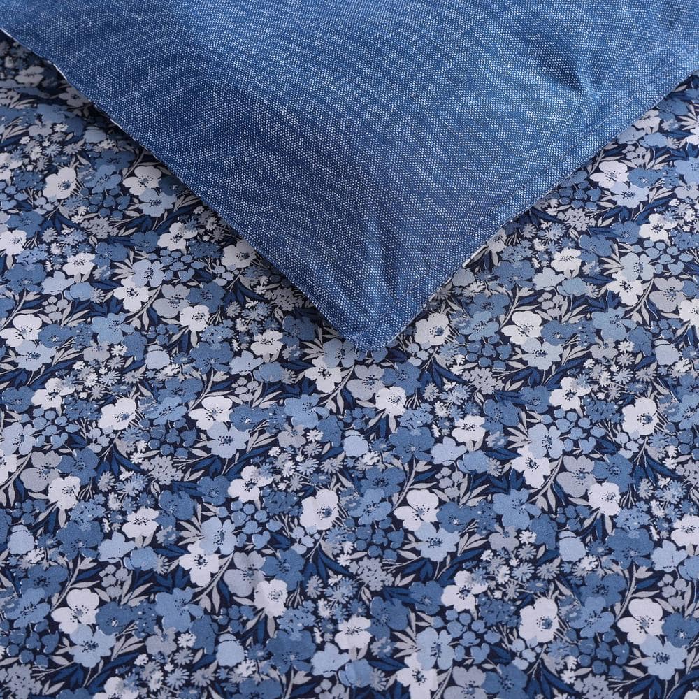 Prairie Floral 3-Piece Blue Cotton Full/Queen Comforter Set