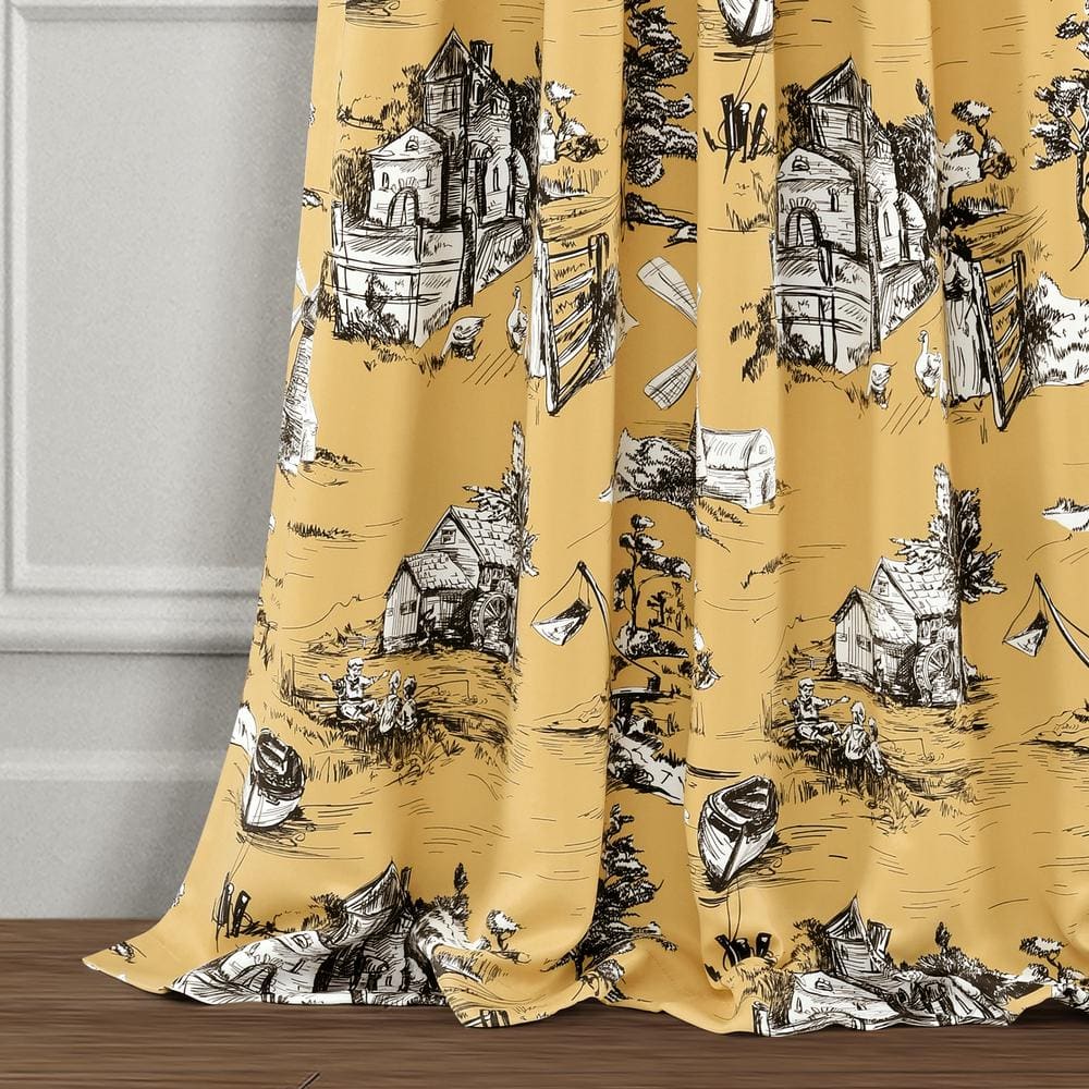 Yellow/Gray Toile Rod Pocket Room Darkening Curtain – 52 in. W x 95 in. L (Set of 2)