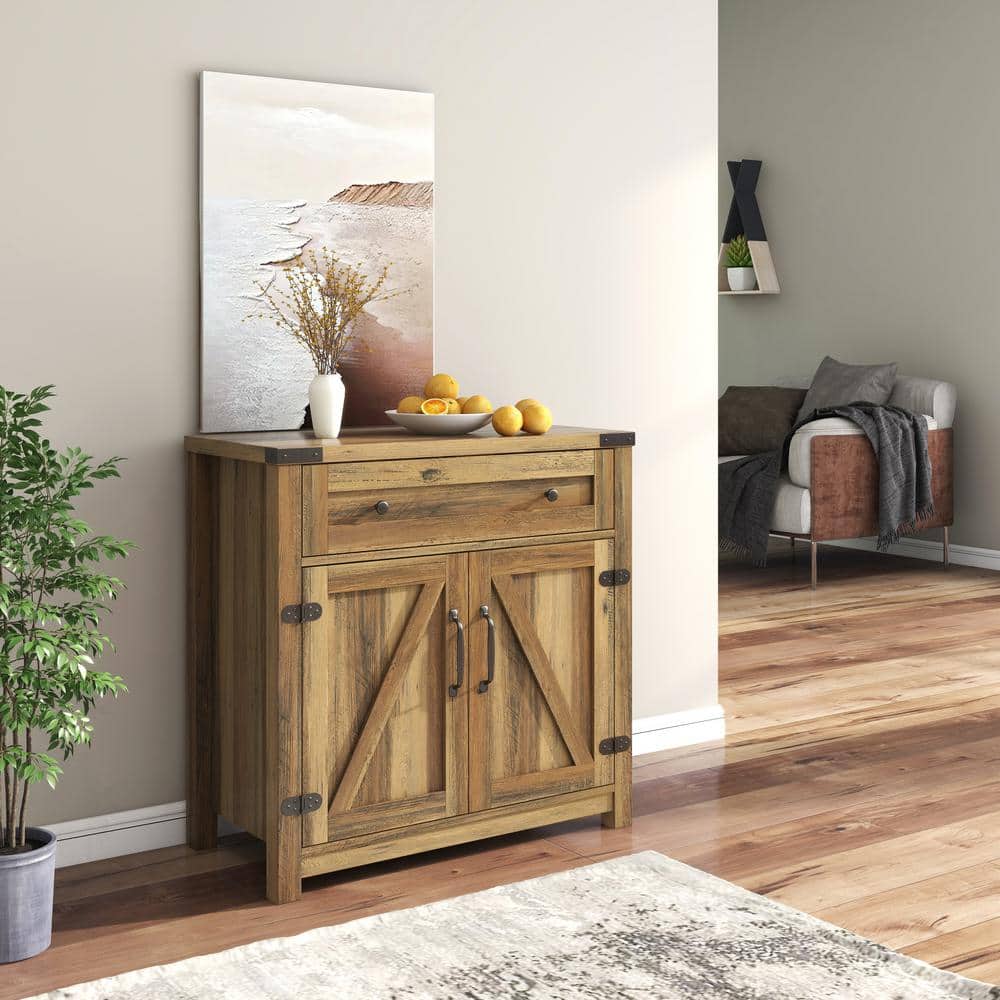 Yellow Walnut Wood Pantry Organizer Farmhouse Double Barn Door Accent Bar Cabinet with Goblet Holder